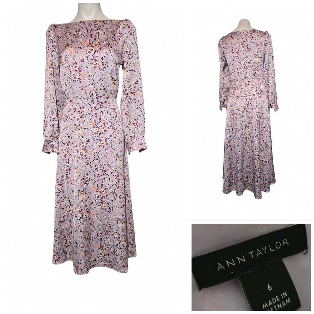 Ann Taylor Purple Paisley Satin Midi Dress Long Sleeve Boat Neck Size 6